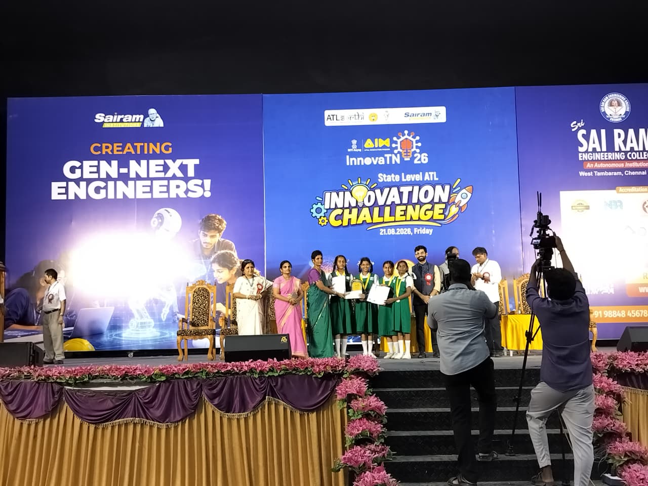 Students on stage at InnovaTN 26 Innovation Challenge@ Sairam Engineering College